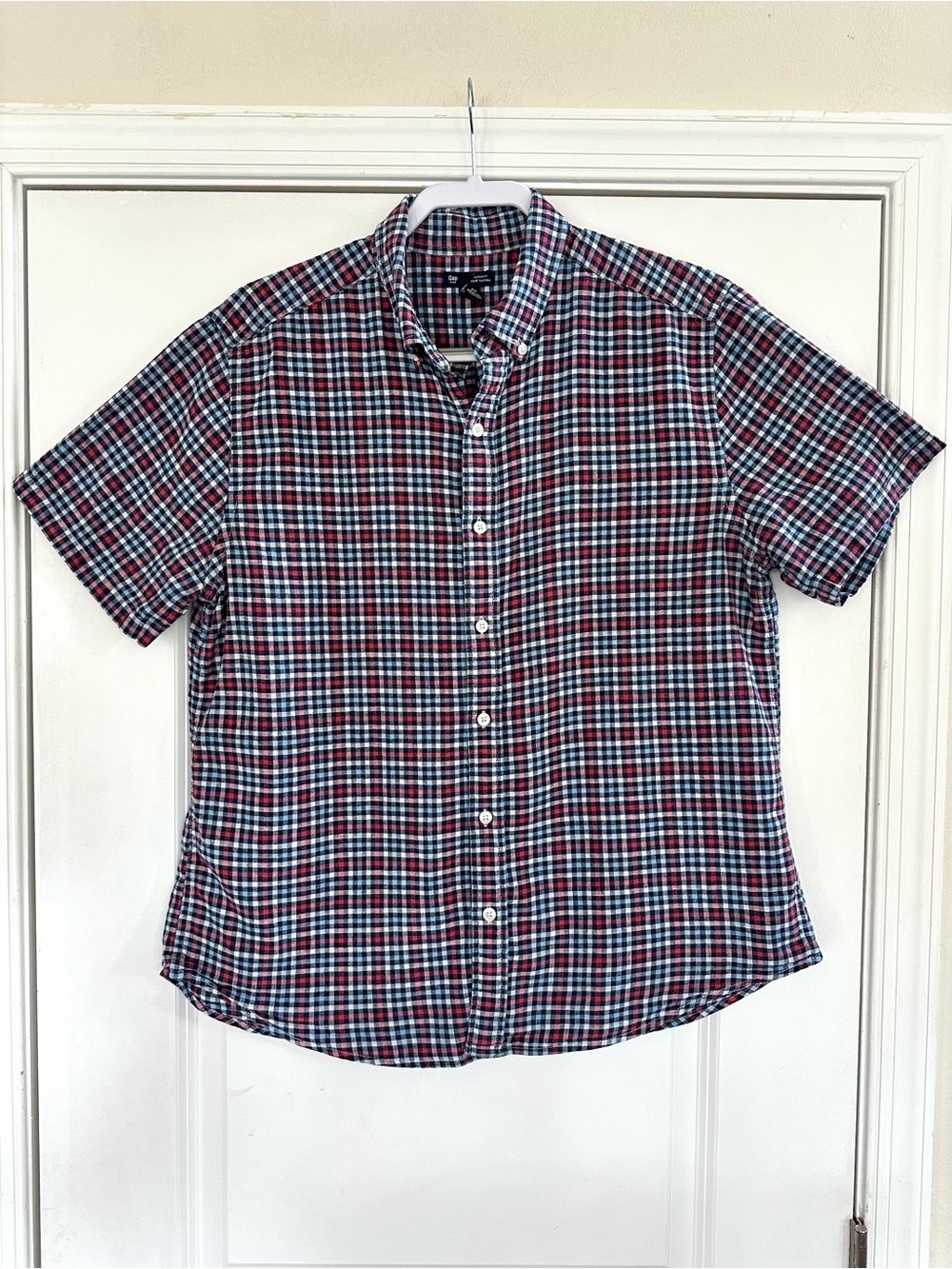 GAP Linen Cotton Men's Oxford Button Front Short Sleeve Casual Large Check Plaid